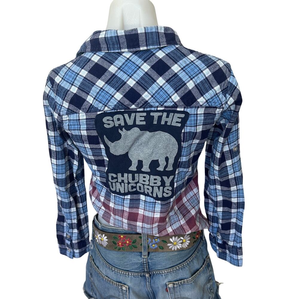 Save the Chubby Unicorns Plaid Flannel Shirt Kids XL Rhino Unique Rhinestones